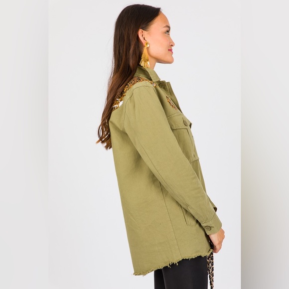 {SOLD} SEQUIN TIGER CARGO POCKET FRONT UTILITY JACKET - OLIVE - Picture 10 of 12